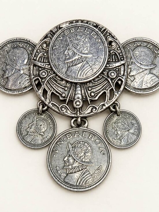 Balboa Jewelry - Vintage Panama Balboa Coin Dangle Brooch Silver Tone Souvenir Boho